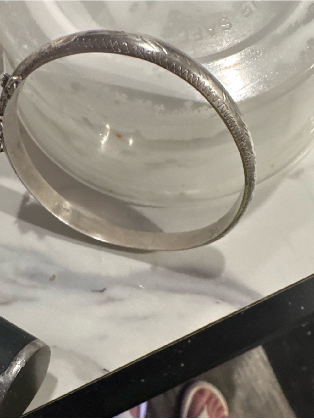 925 Sterling Silver Etched Bangle Bracelet with a safety chain